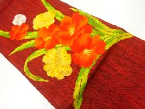 手織り真綿紬草花模様織出し名古屋帯